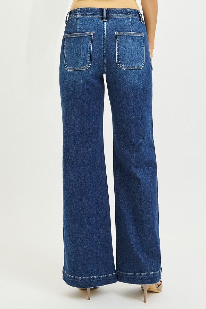 Risen Mid Rise Wide Leg Front Seam Jeans- Dark