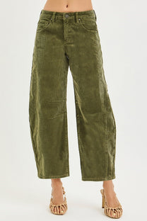 Risen Slouchy Ankle Barrel Corduroy Pants- Olive