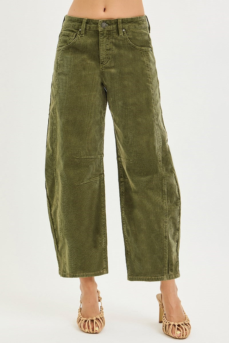 Risen Slouchy Ankle Barrel Corduroy Pants- Olive