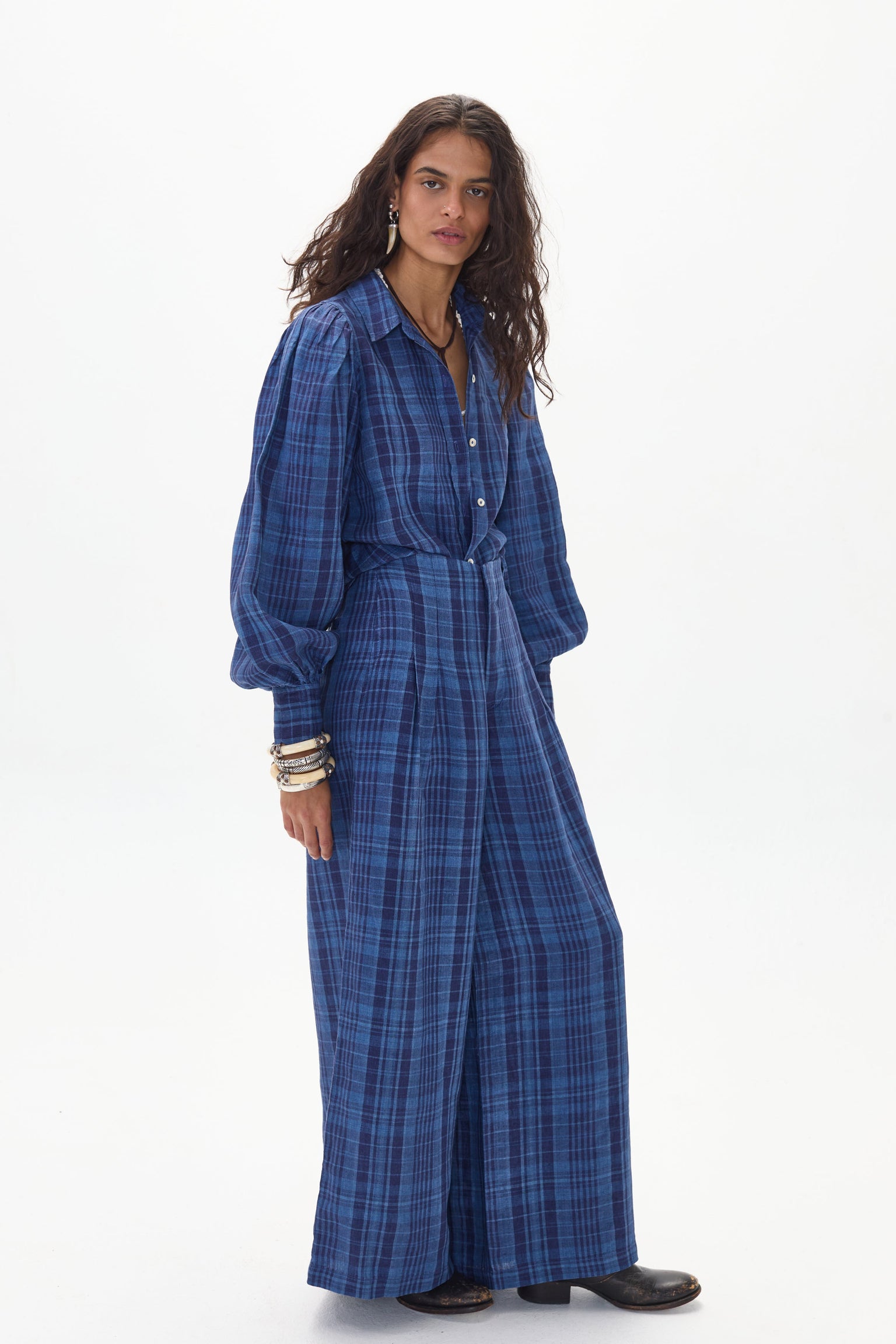 Camille Linen Shirt-Ocean Checks Print