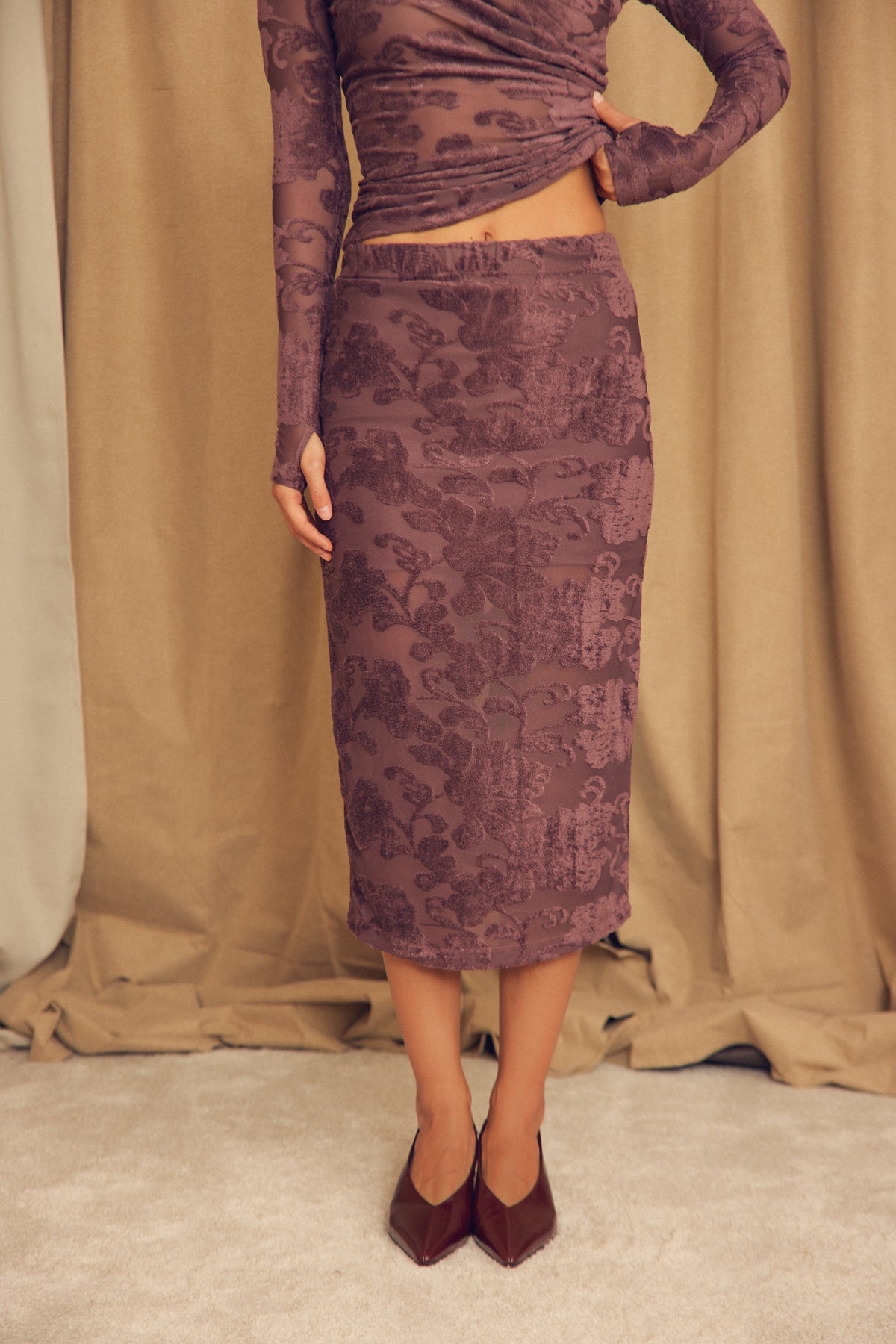 Cossac Devoré Drape Top in Cocoa