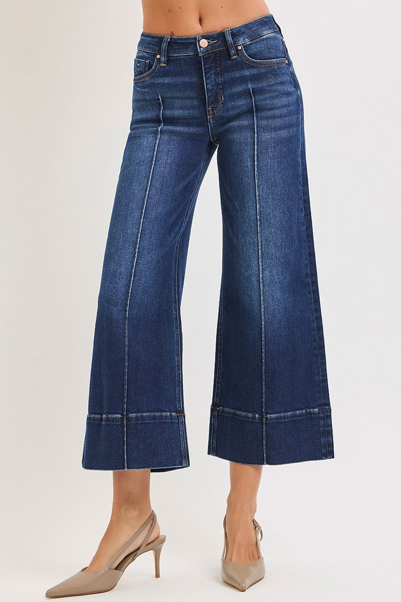 Risen Mid Rise Crop Wide Pintuck Front Jeans- Deep Blue