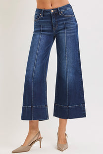 Risen Mid Rise Crop Wide Pintuck Front Jeans- Deep Blue