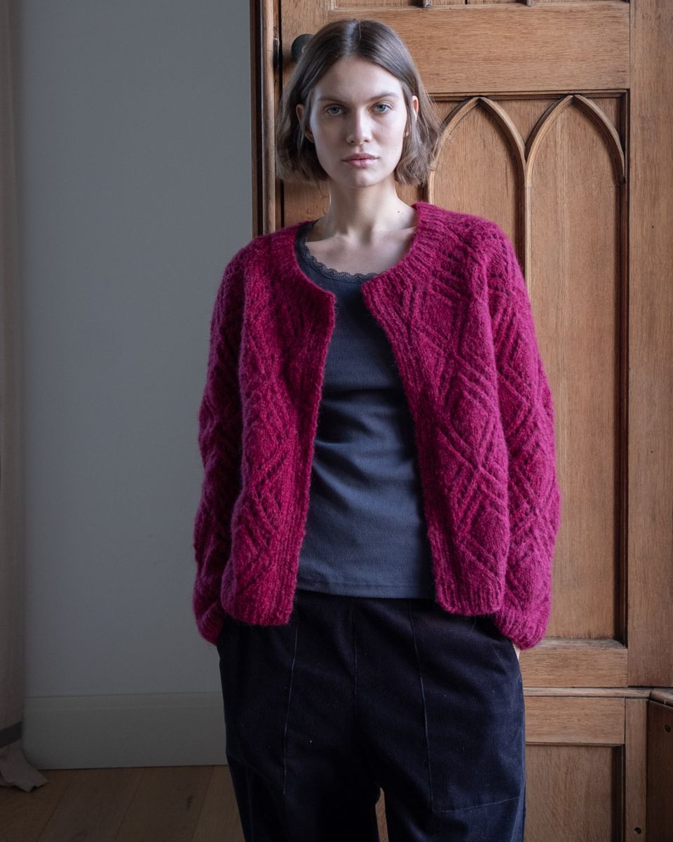 NOVA LACY HAND KNIT MOHAIR CARDIGAN- MULBERRY