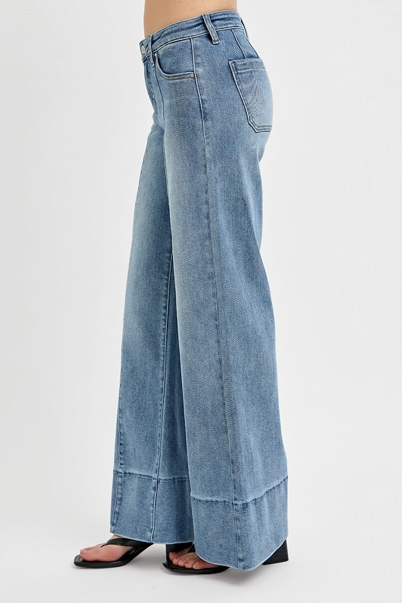 Risen Tummy Control Mid Rise Ankle Wide Flare Jeans- Medium