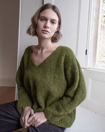 Leah Hand Knit Wool V Neck Sweater- Chartreuse