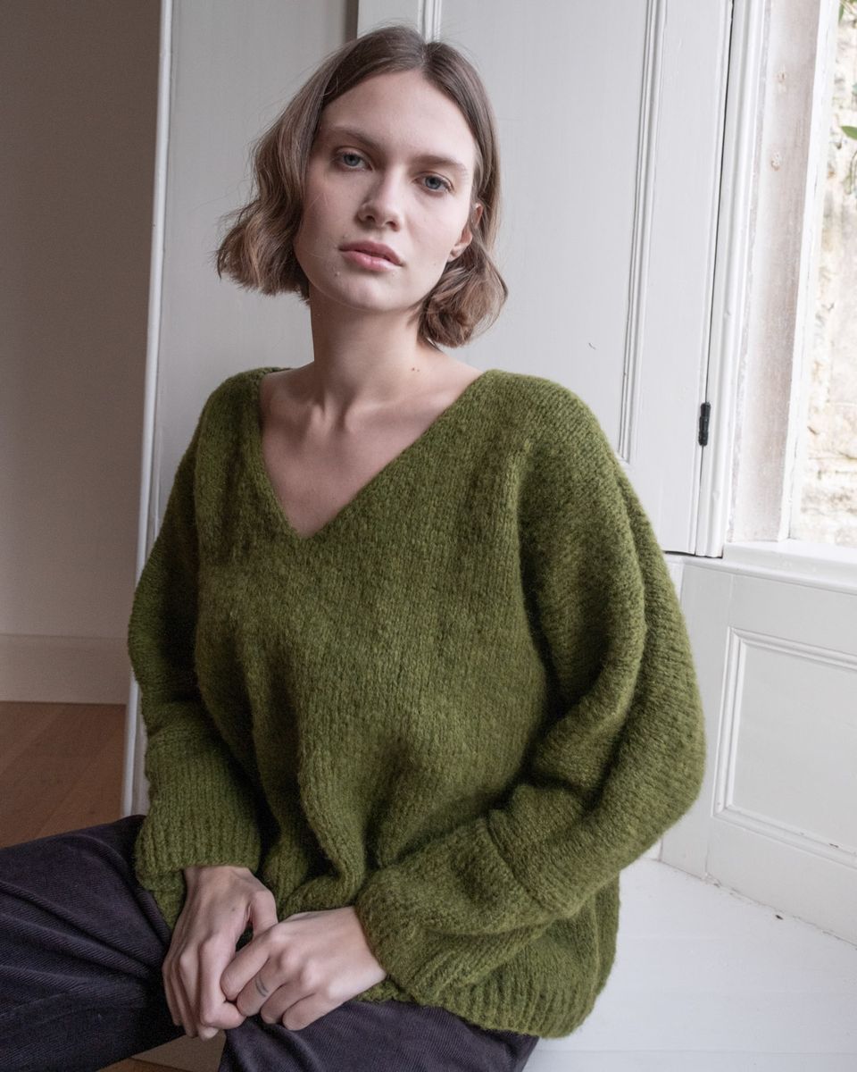 Leah Hand Knit Wool V Neck Sweater- Chartreuse