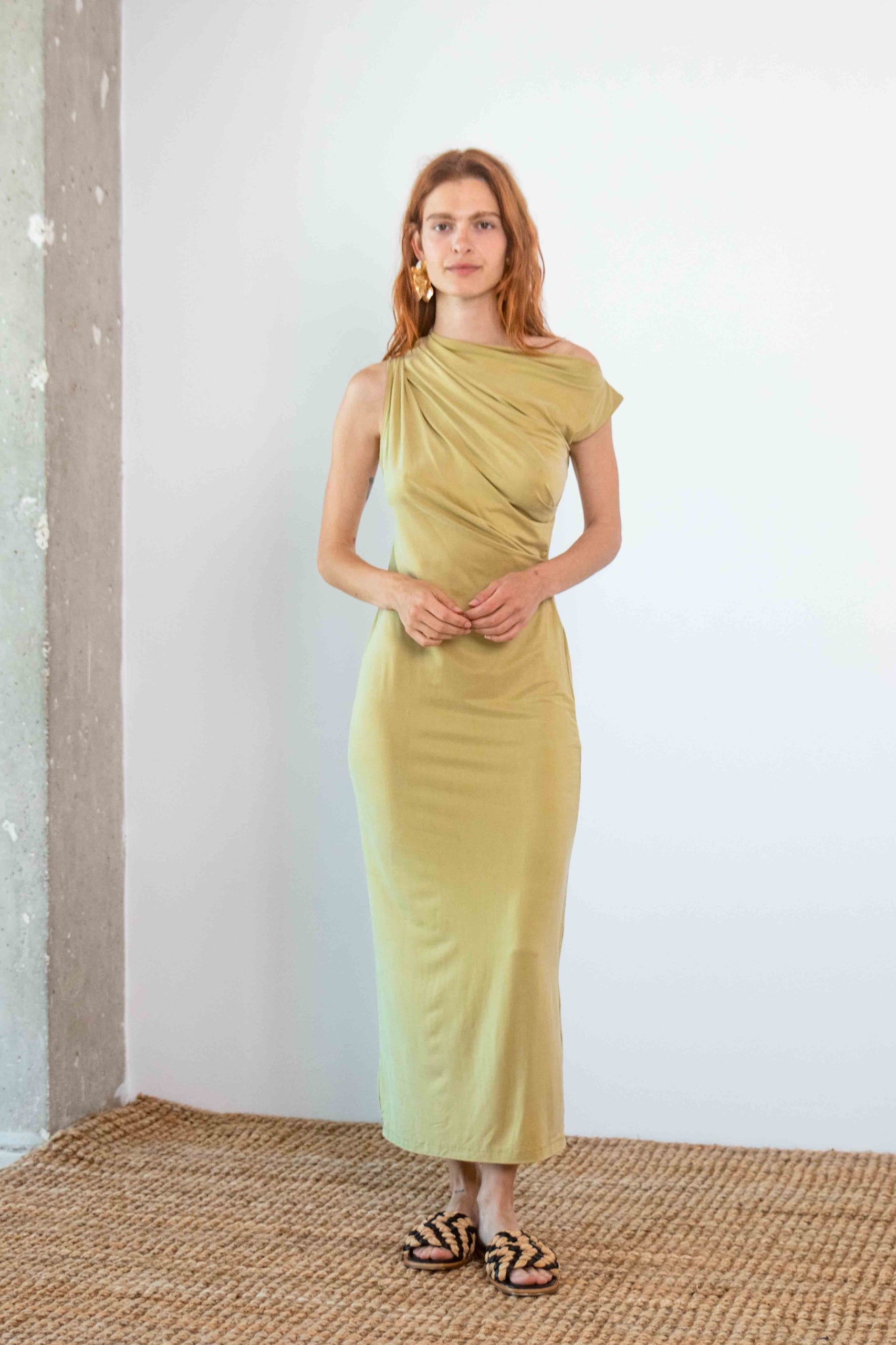 Cossac Drape Cupro Midi Dress in Olive