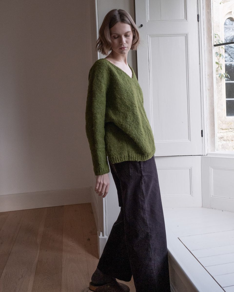 Leah Hand Knit Wool V Neck Sweater- Chartreuse