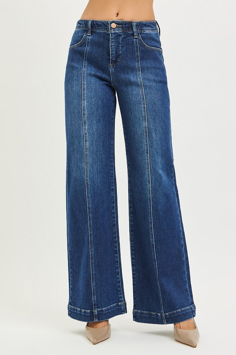 Risen Mid Rise Wide Leg Front Seam Jeans- Dark