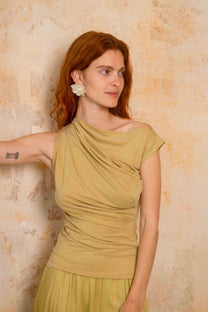 Cossac Drape Neckline Cupro Top in Soft Olive