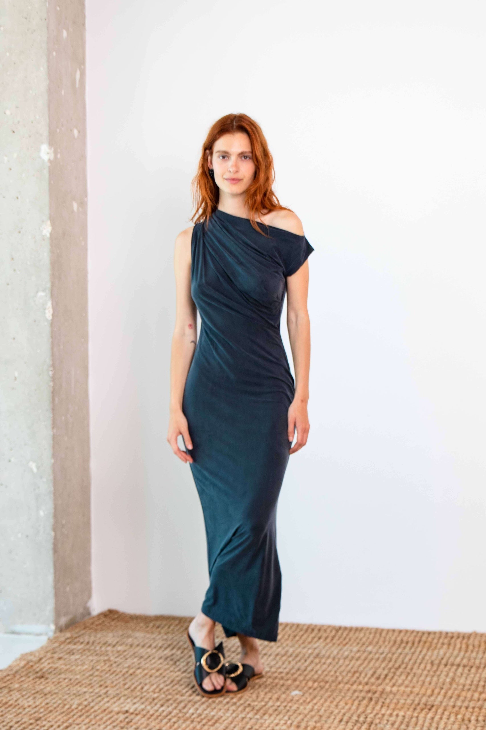 Cossac Drape Cupro Midi Dress in Olive