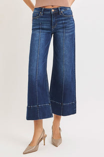Risen Mid Rise Crop Wide Pintuck Front Jeans- Deep Blue