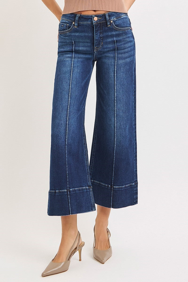 Risen Mid Rise Crop Wide Pintuck Front Jeans- Deep Blue