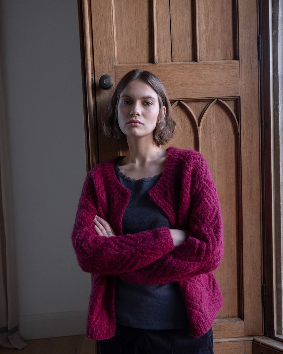NOVA LACY HAND KNIT MOHAIR CARDIGAN- MULBERRY