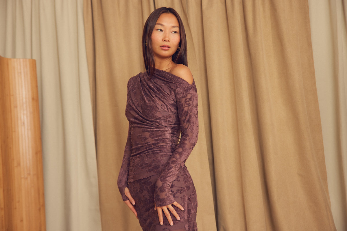 Cossac Devoré Drape Top in Cocoa