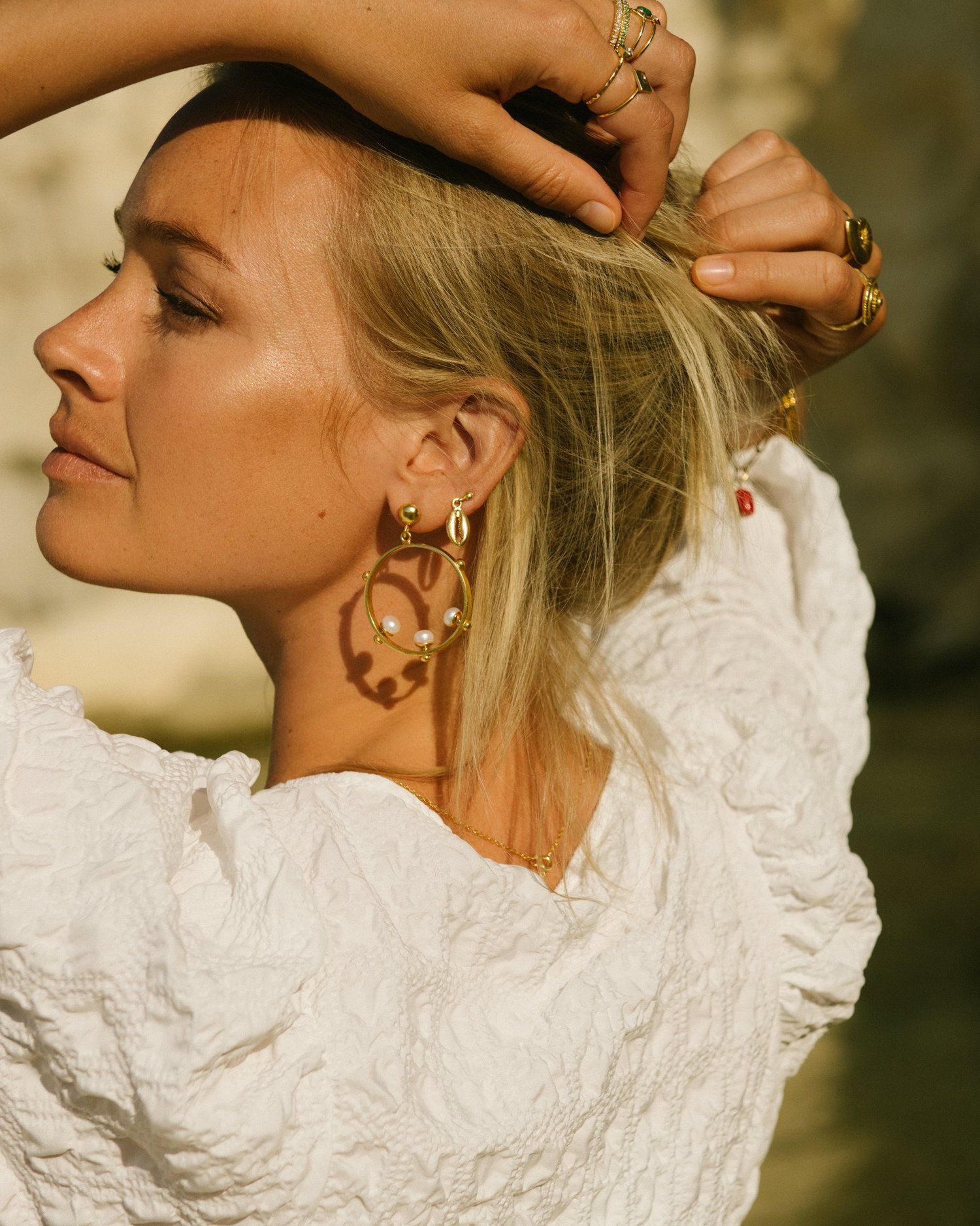 Aristea Pearl and Gold Bead Hoop Earrings