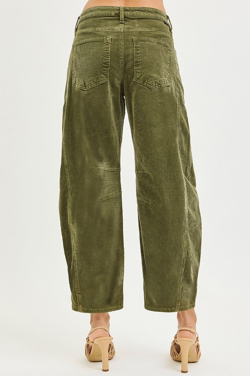 Risen Slouchy Ankle Barrel Corduroy Pants- Olive