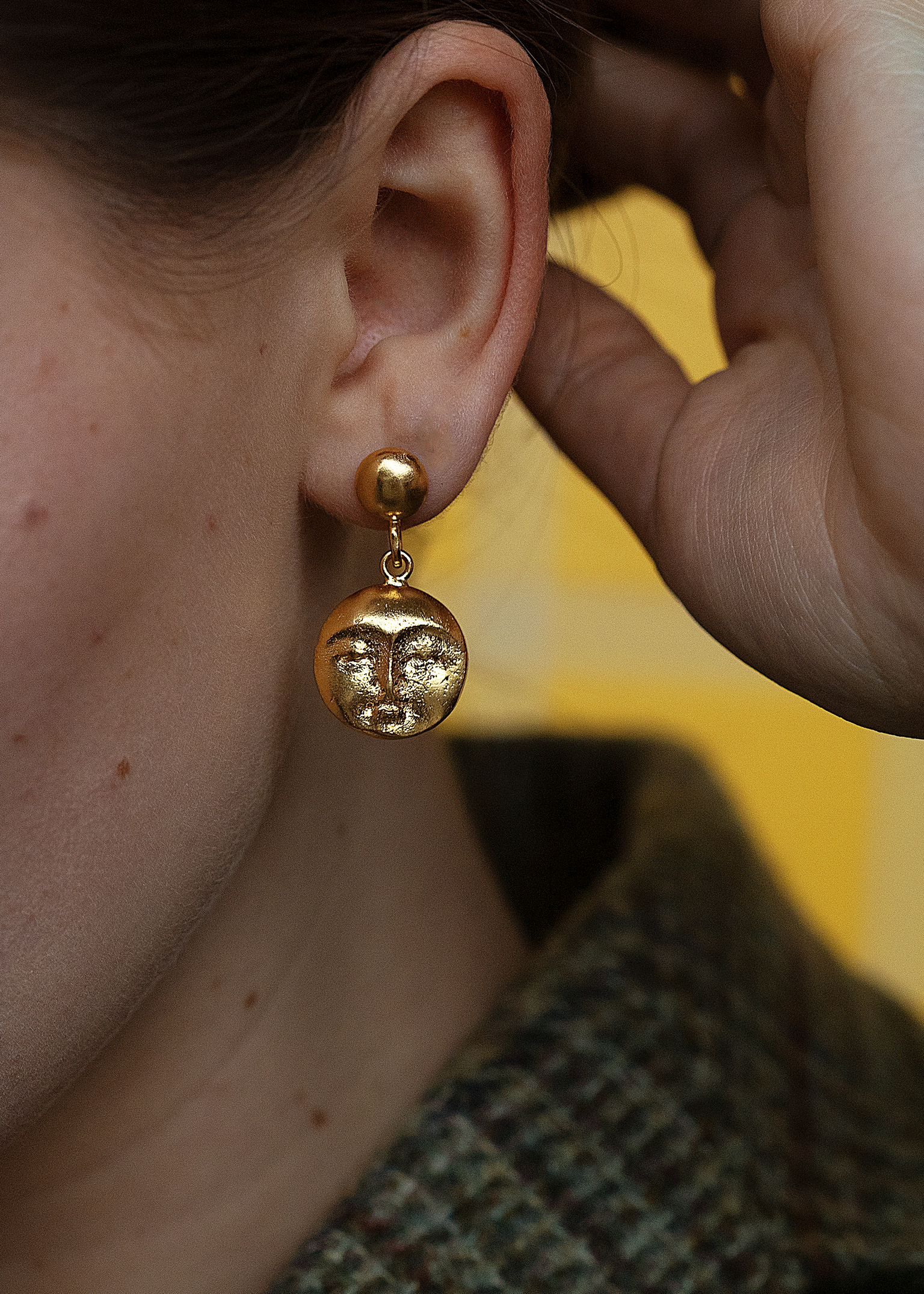 Moon Face Gold Drop Earrings