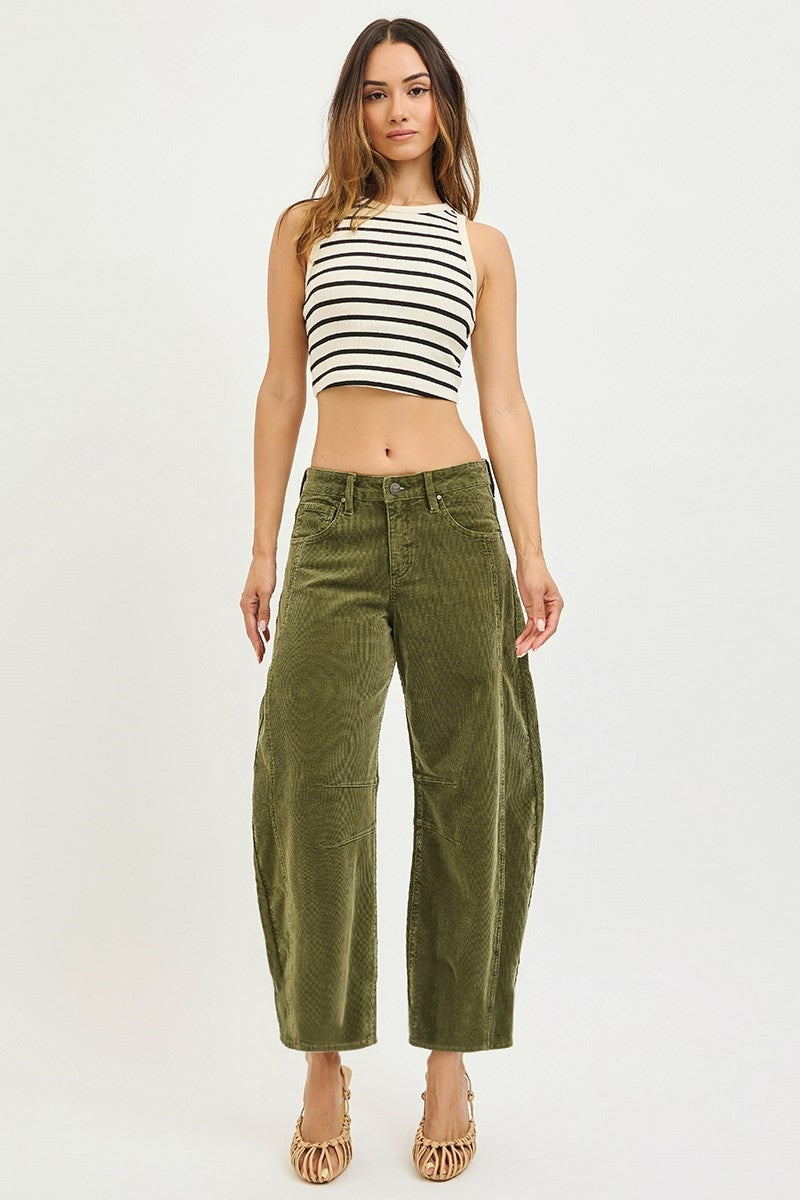 Risen Slouchy Ankle Barrel Corduroy Pants- Olive