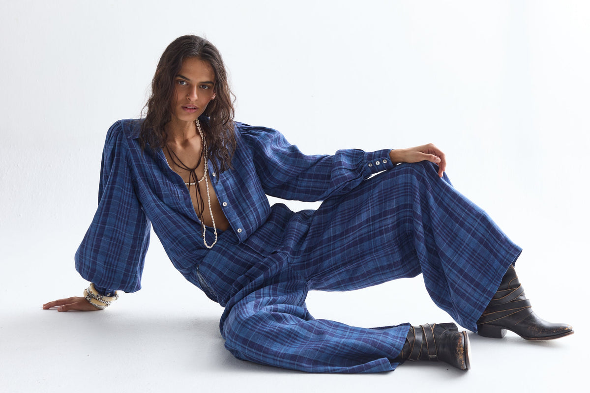 Culotte Linen pants - Ocean Checks Print