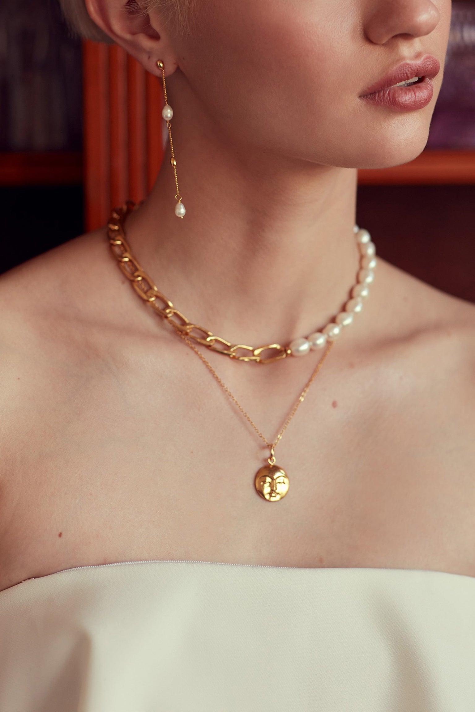 Moon Face Gold Pendant Necklace