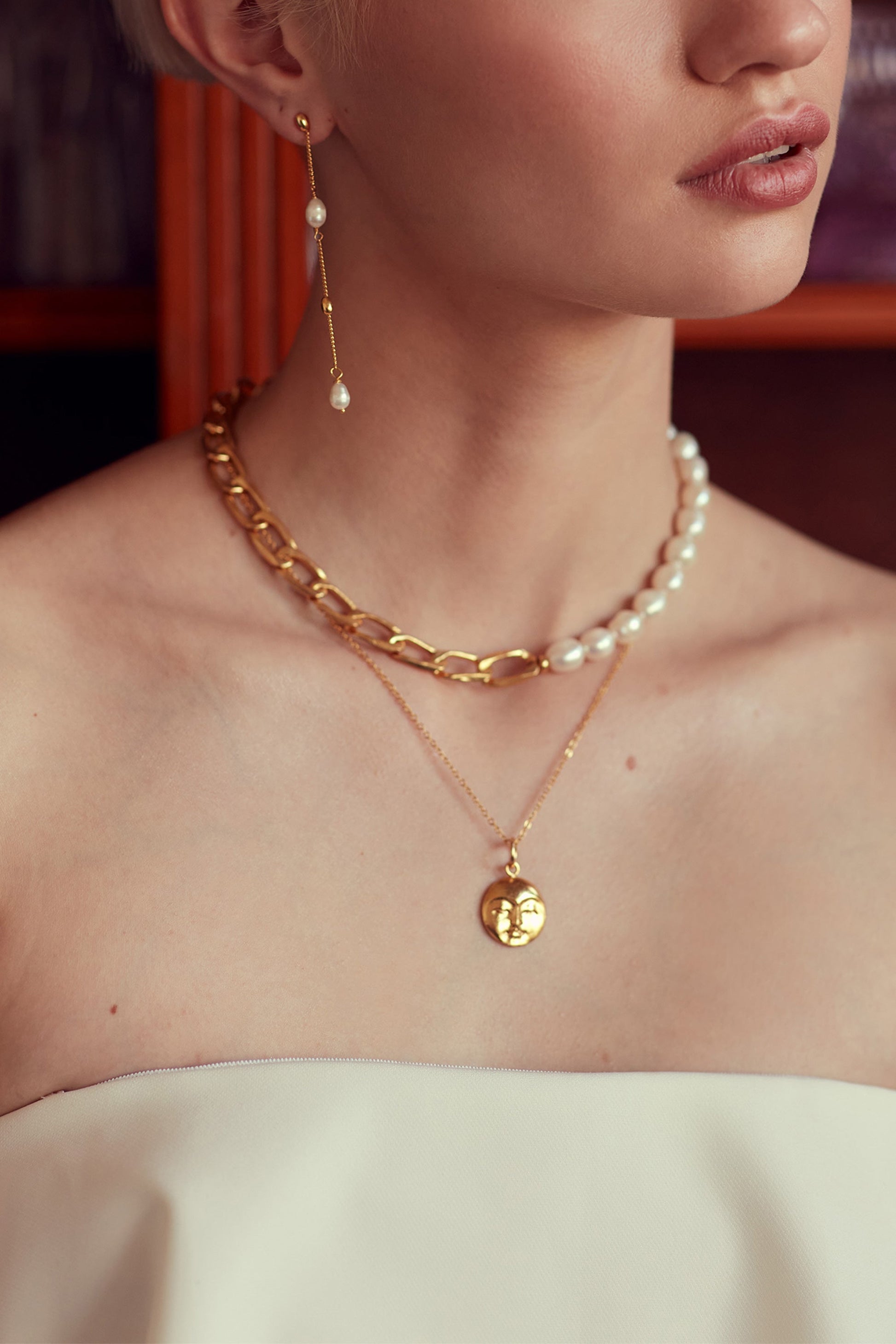 Moon Face Gold Pendant Necklace