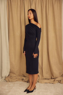 Cossac Wool Drape Midi Dress - Black