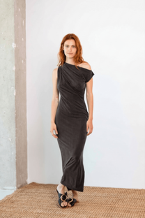 Cossac Drape Cupro Midi Dress in Slate Black