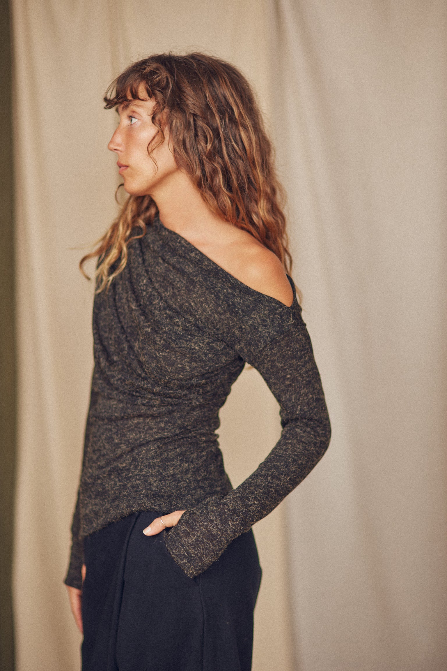 Cossac Drape Top- Black Melange