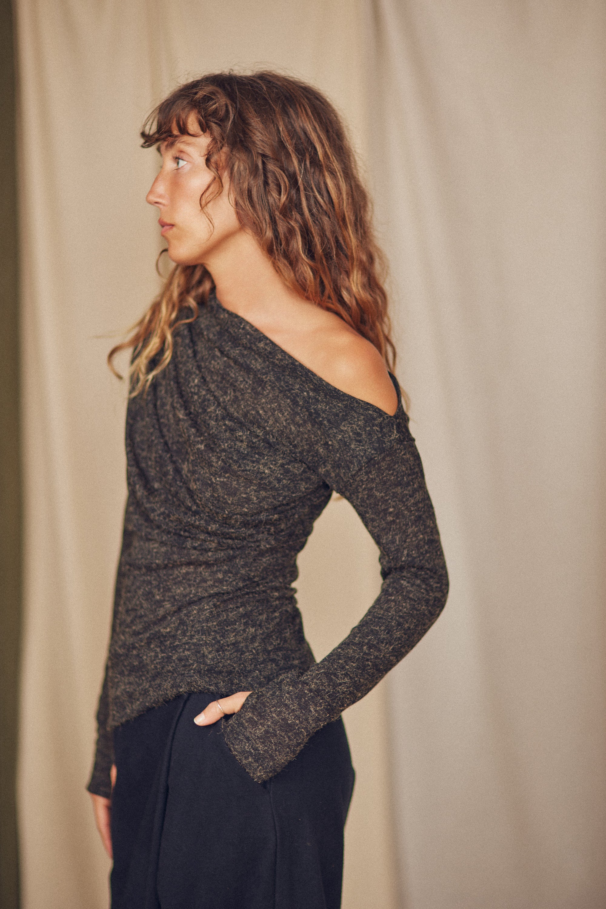 Cossac Drape Top- Black Melange