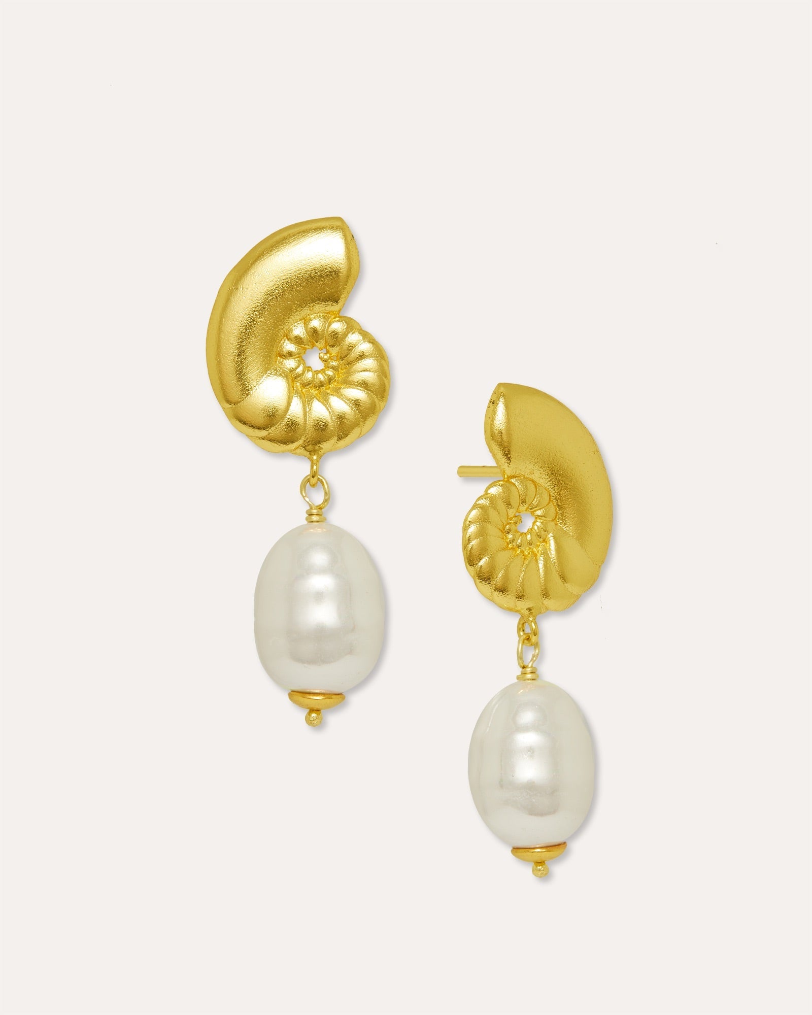 Nautilus Seashell Pearl Drop Stud Earrings