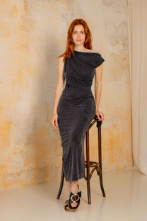Cossac Drape Cupro Midi Dress in Slate Black