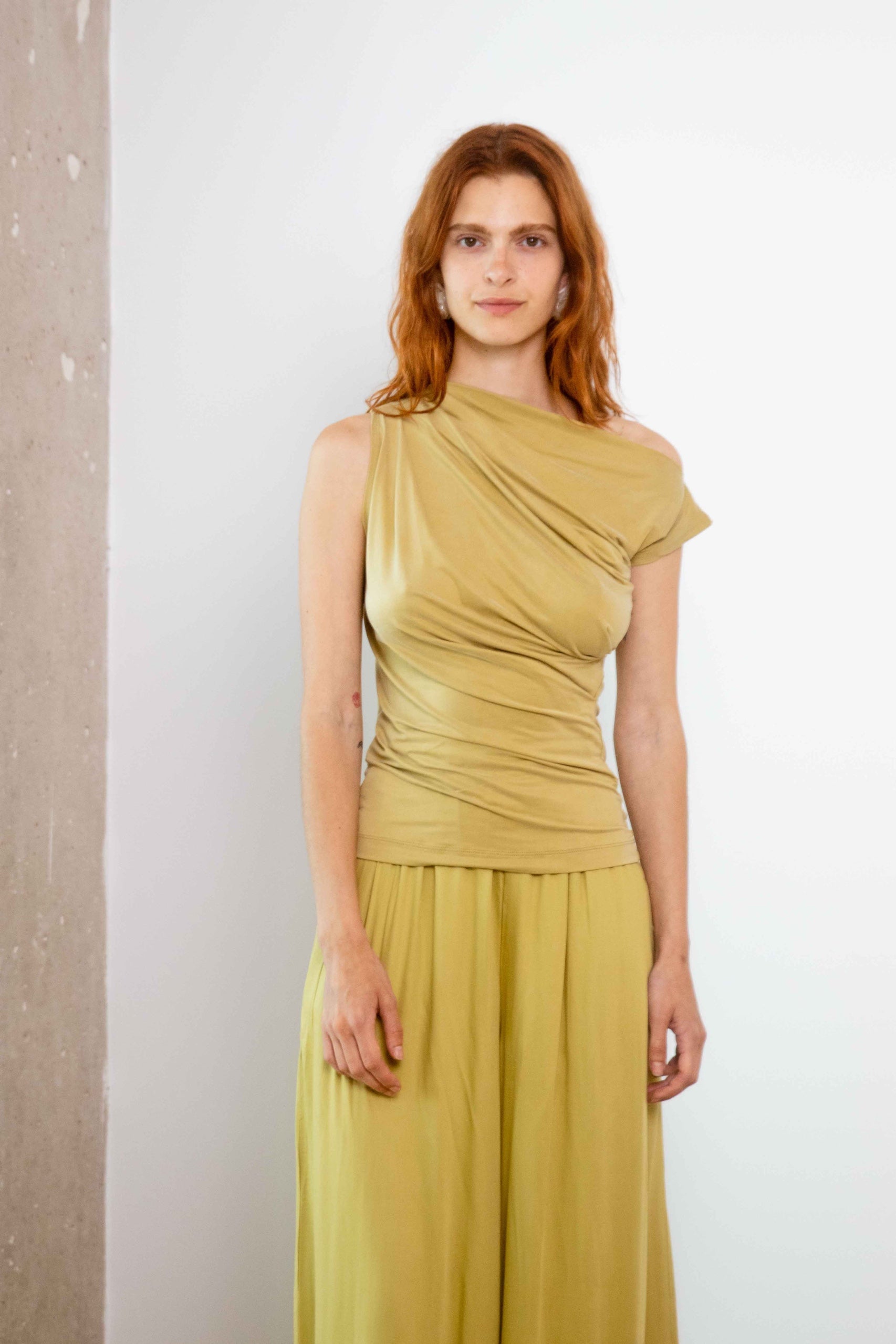 Cossac Drape Neckline Cupro Top in Soft Olive